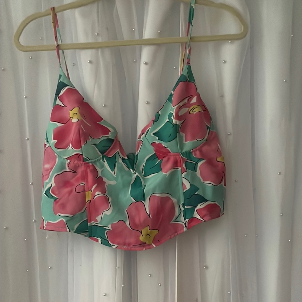 La Hearts Pink and Green Floral Crop Top